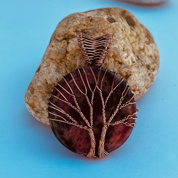 Rhodonite Tree of Life Wire Wrapped Copper Pendant - Picture 1 of 6